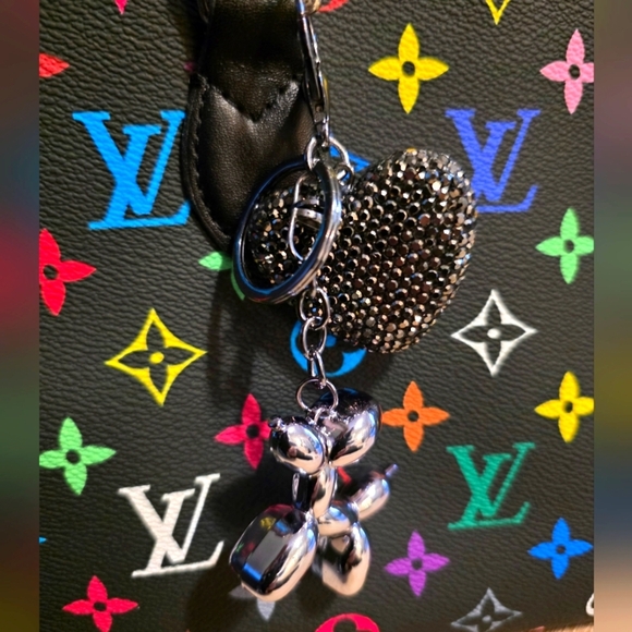 Black Crystal Heart & Dark Silver Balloon Dog Purse Charm - Picture 2 of 2